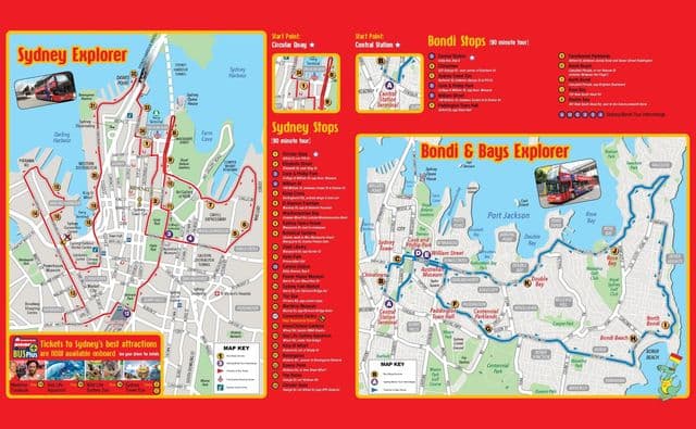 Sydney Hop On Hop Off mapa wycieczek autobusowych