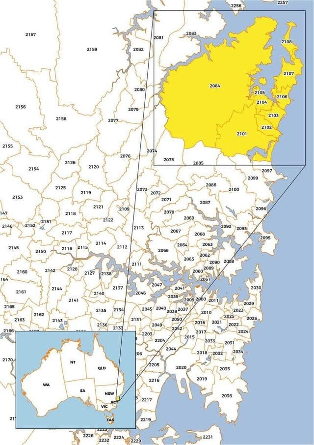 Mapa kodów pocztowych z Sydney